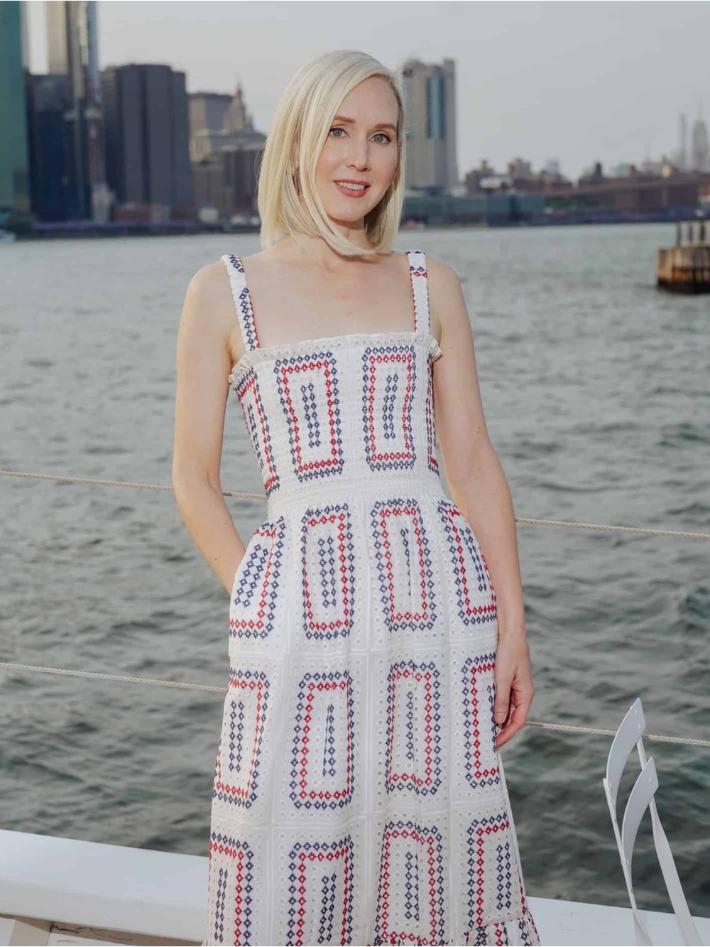 Hill House The Anjuli Nap Dress in Geo Eyelet White Red Blue Size Small